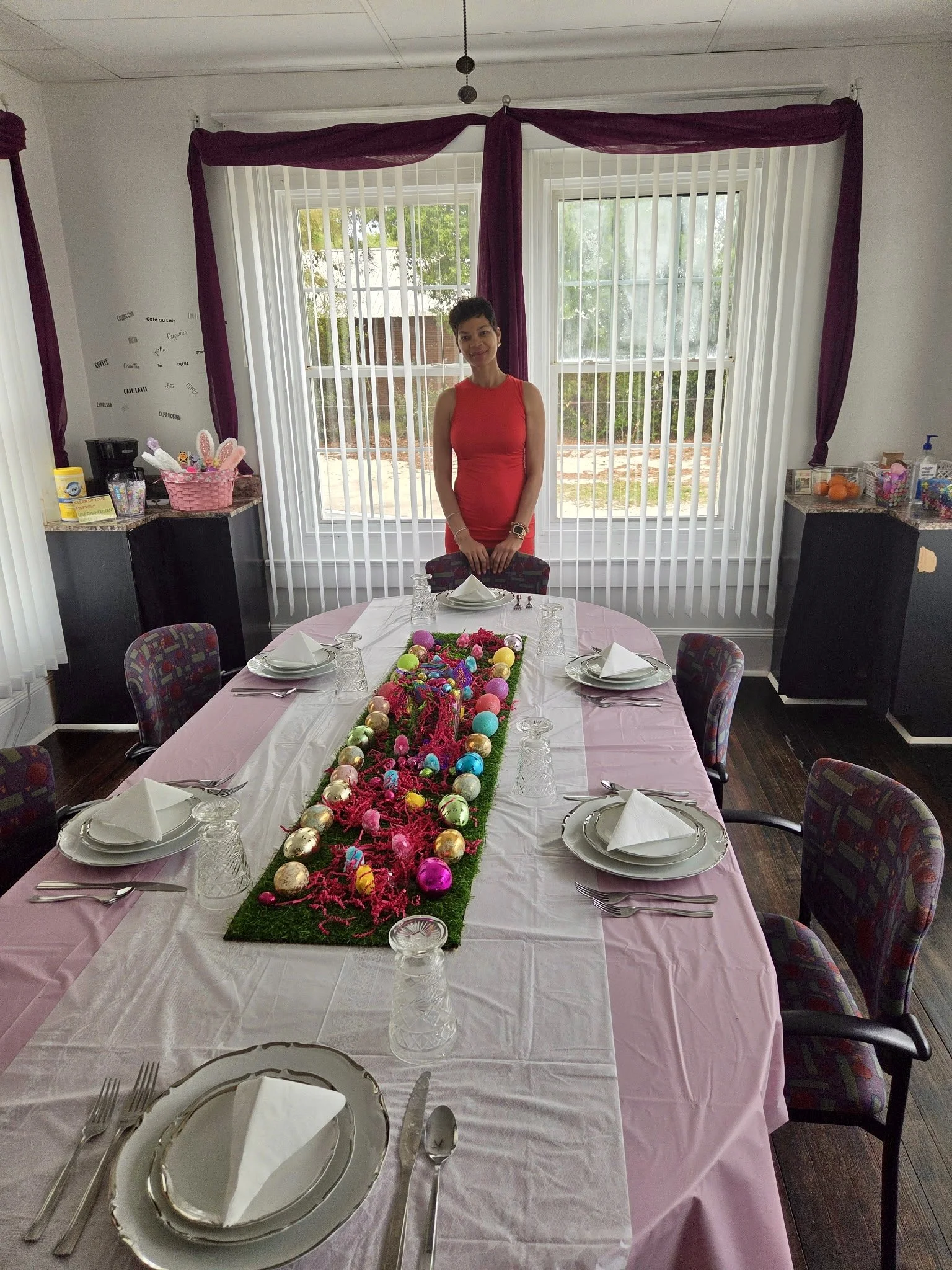 Jazz and Royal Roots youth working alongside Doc Hill's residents and staff preparing the Easter tablescape