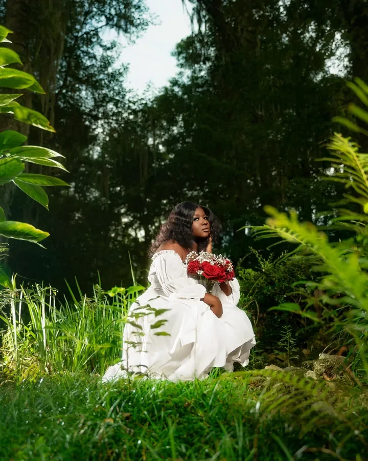 White dress portrait in a sunlit garden — Smooth Studios