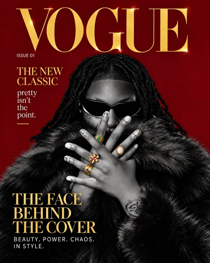 Black and white fashion editorial with gold Vogue lettering — Smooth Studios