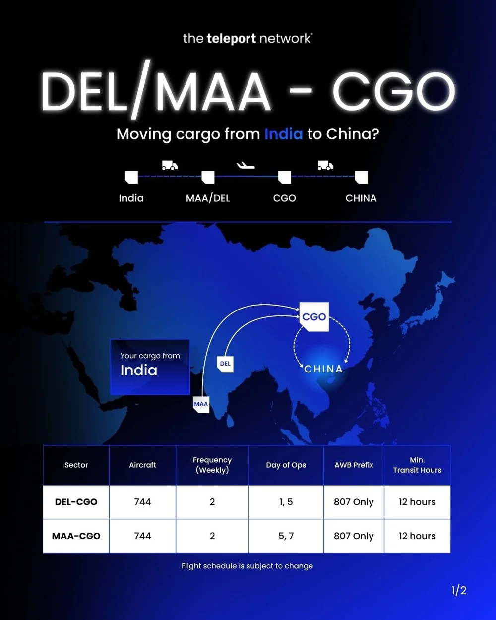 DEL and MAA to CGO schedule graphic