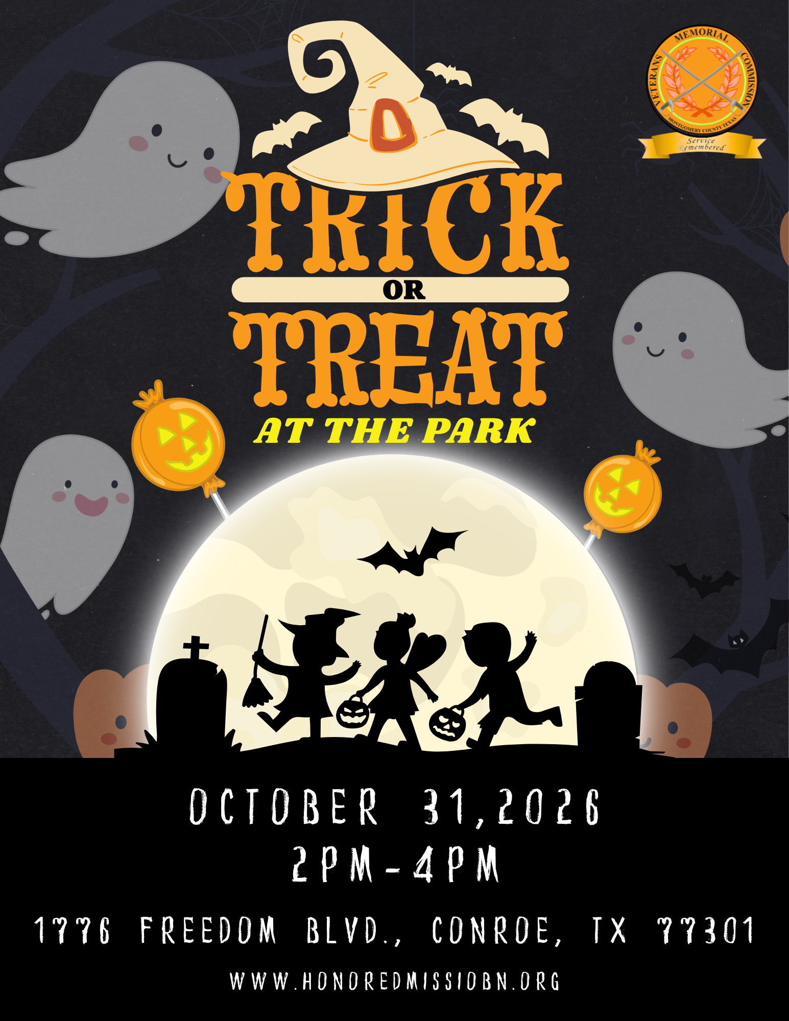 Trick or Treat at the Park flyer, October 31, 2026, 2 PM to 4 PM, 1776 Freedom Blvd., Conroe, TX
