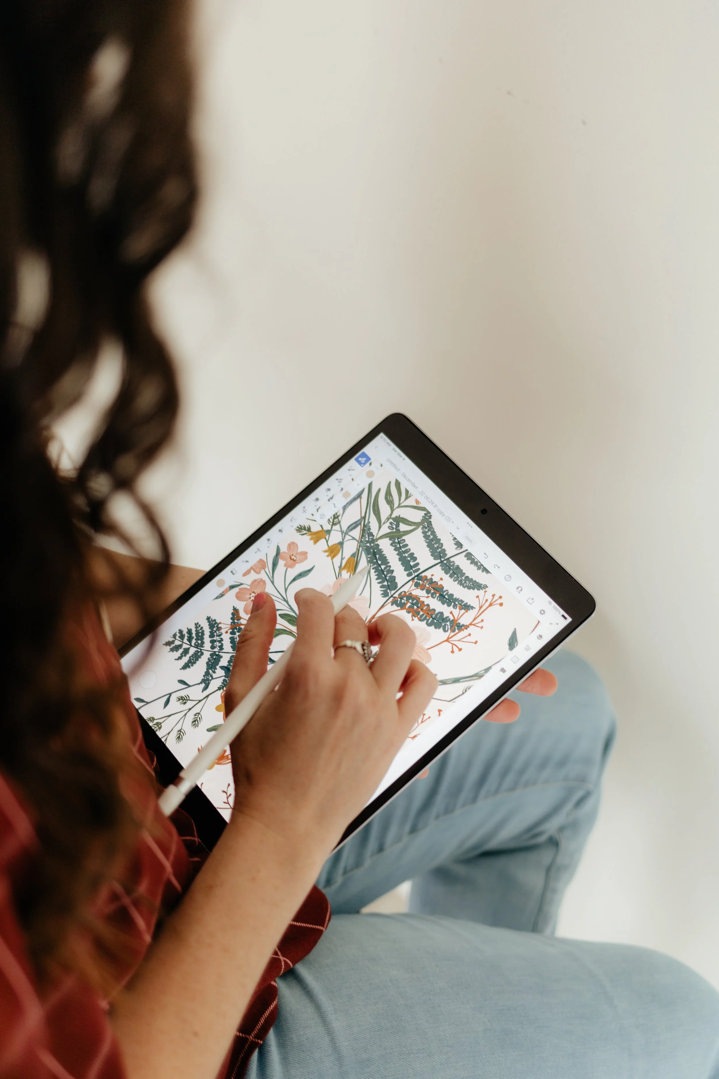 Original botanical illustration being drawn on a tablet