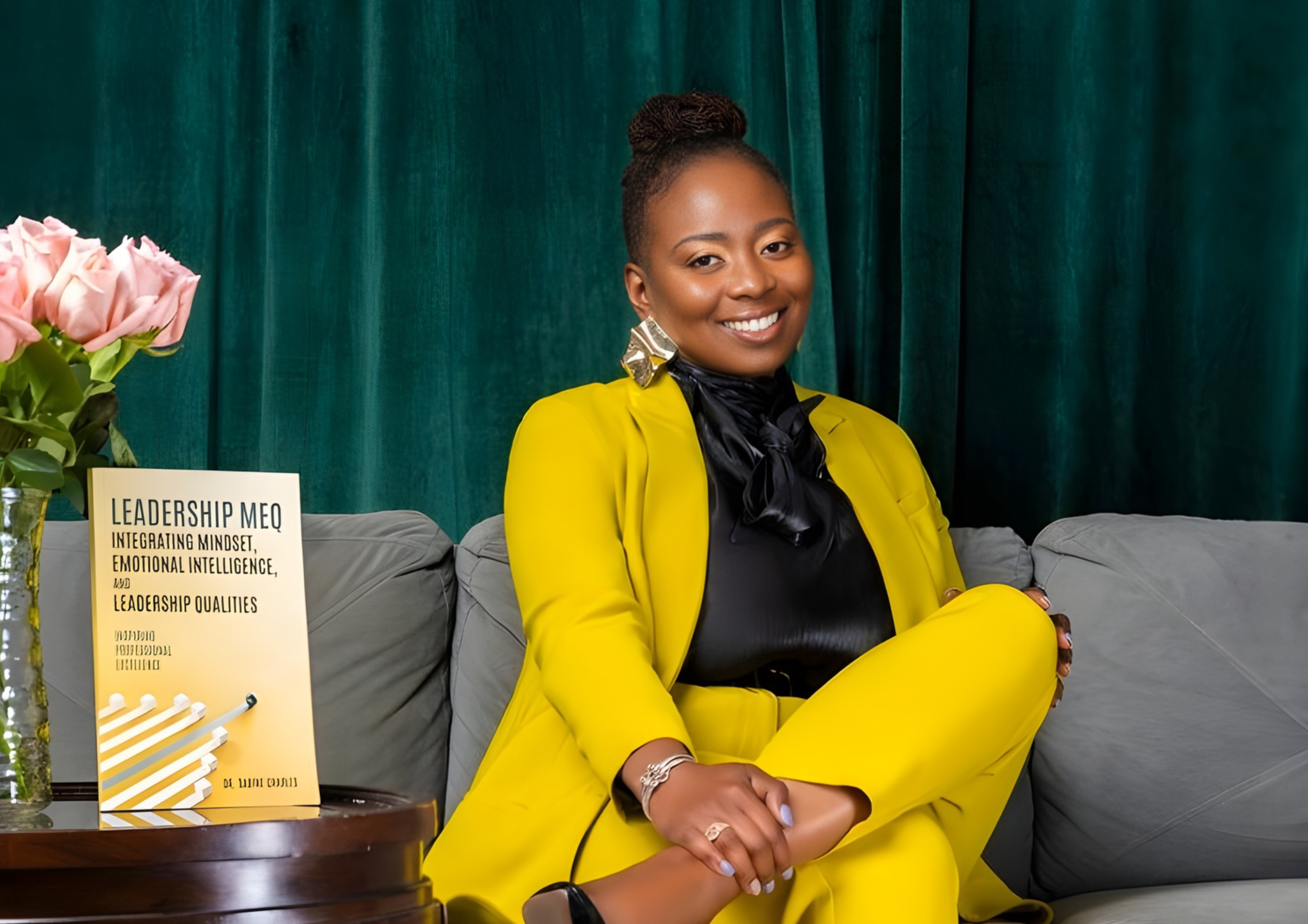 Dr. Sabine Charles seated with her book Leadership MEQ: Integrating Mindset, Emotional Intelligence and Leadership Qualities