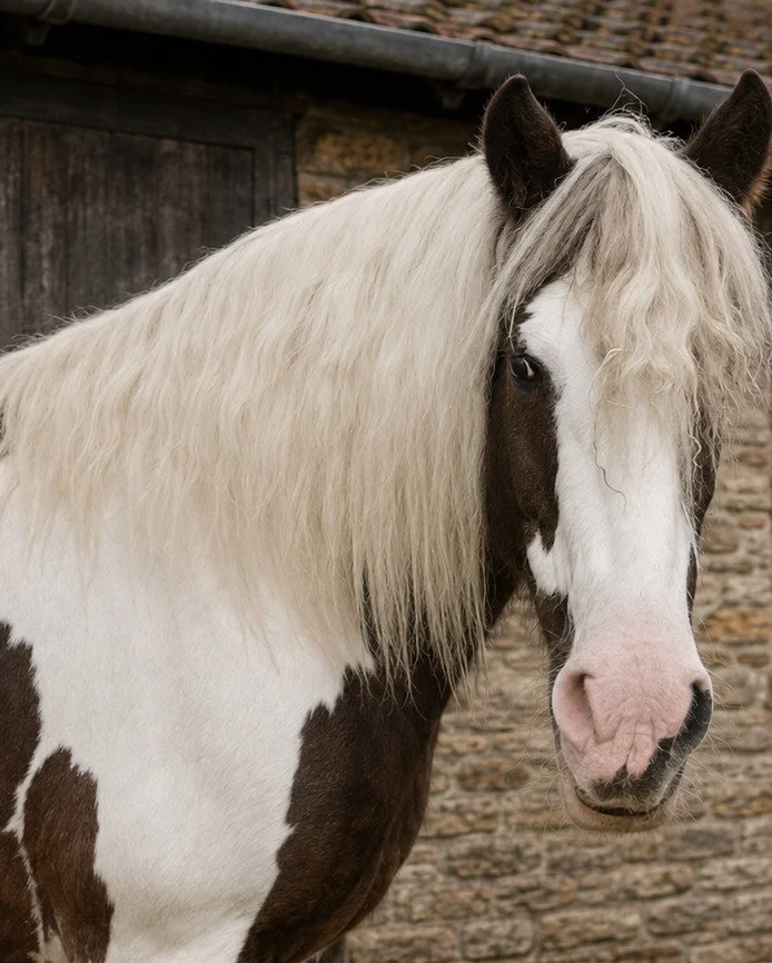 Ben, Harris Equine's piebald horse, standing calmly outside a traditional stable