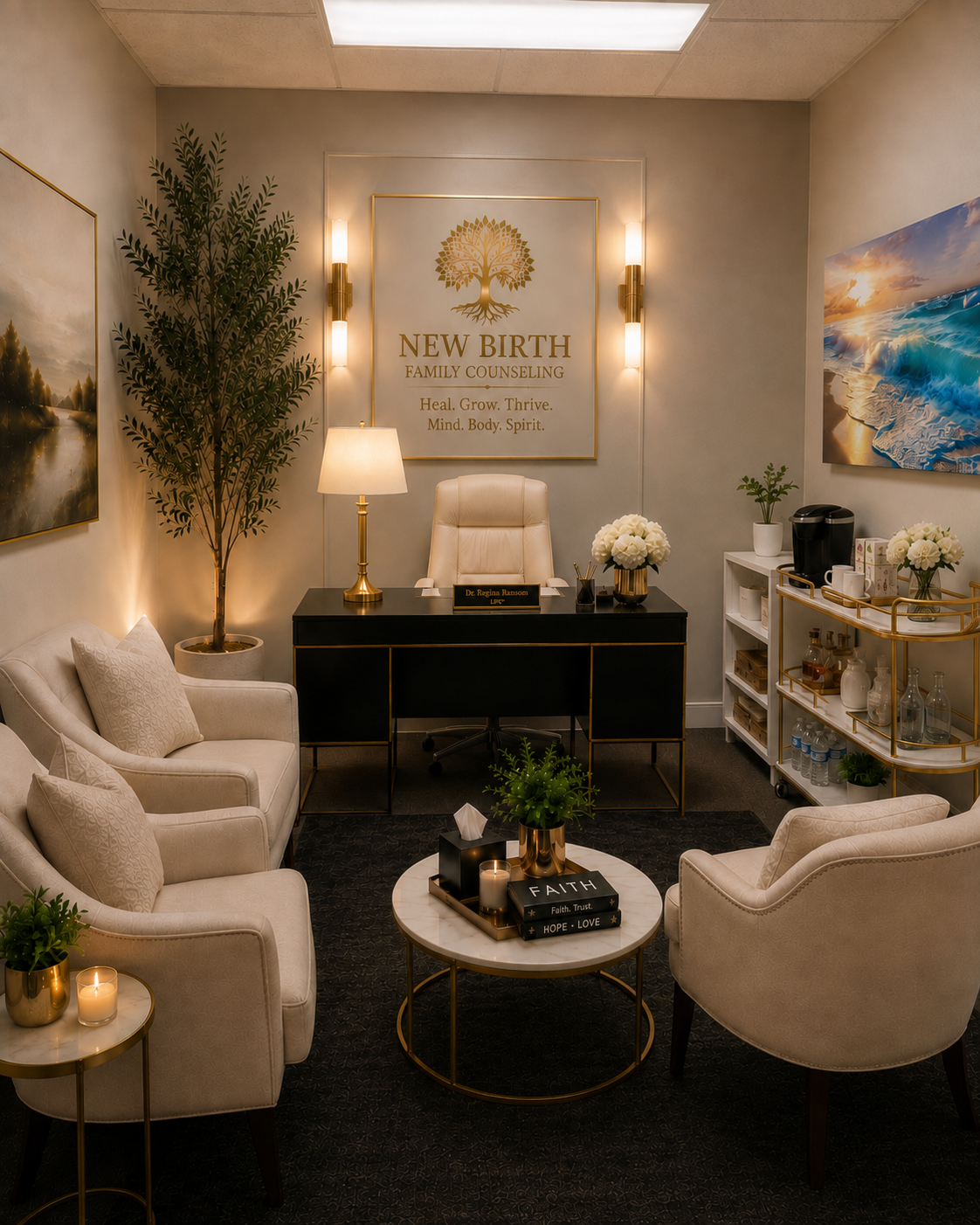 The New Birth Family Counseling therapy office in Mission Valley, San Diego, with soft lighting, armchairs, and the practice's tree logo on the wall