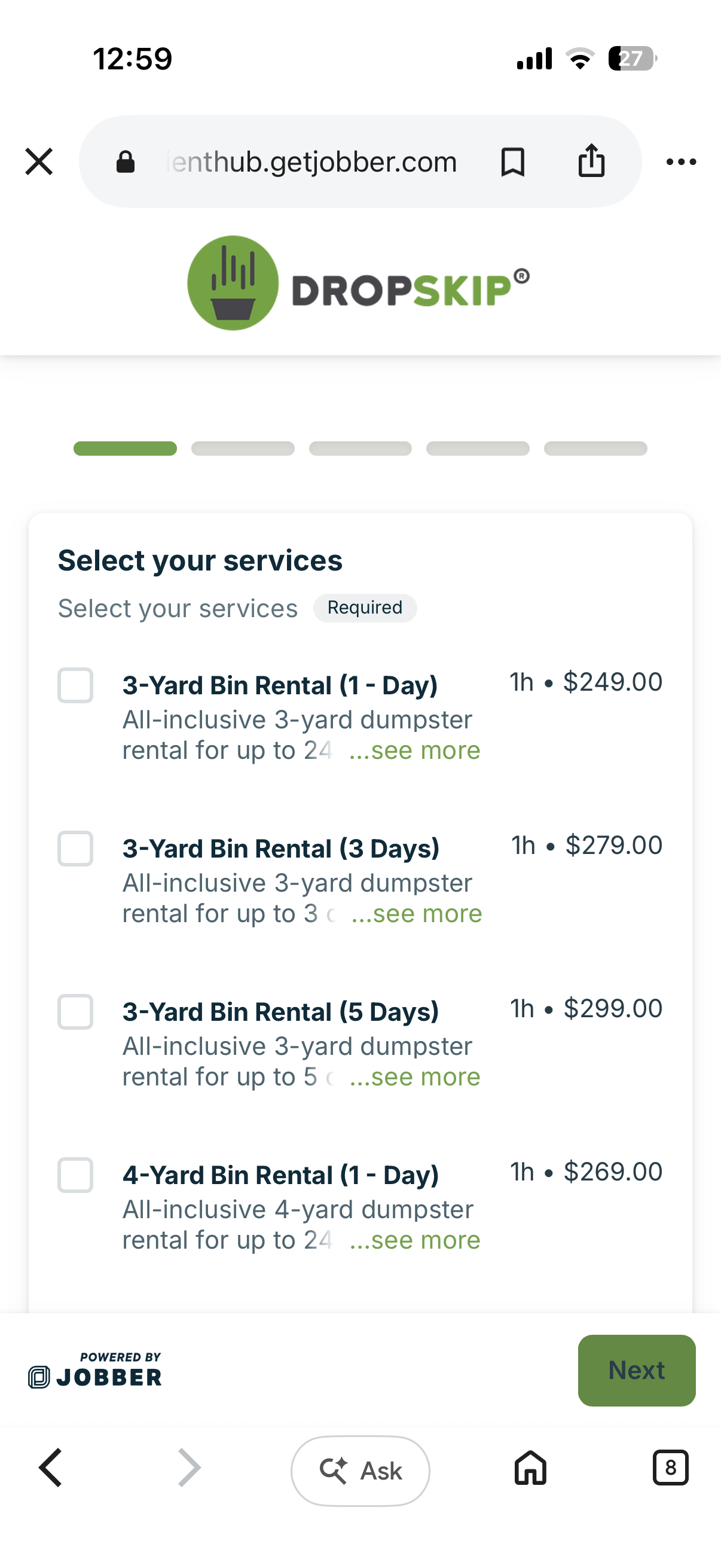 Booking a DropSkip mini dumpster from a phone — the mobile booking screen showing flat-rate 3-yard and 4-yard bin rentals