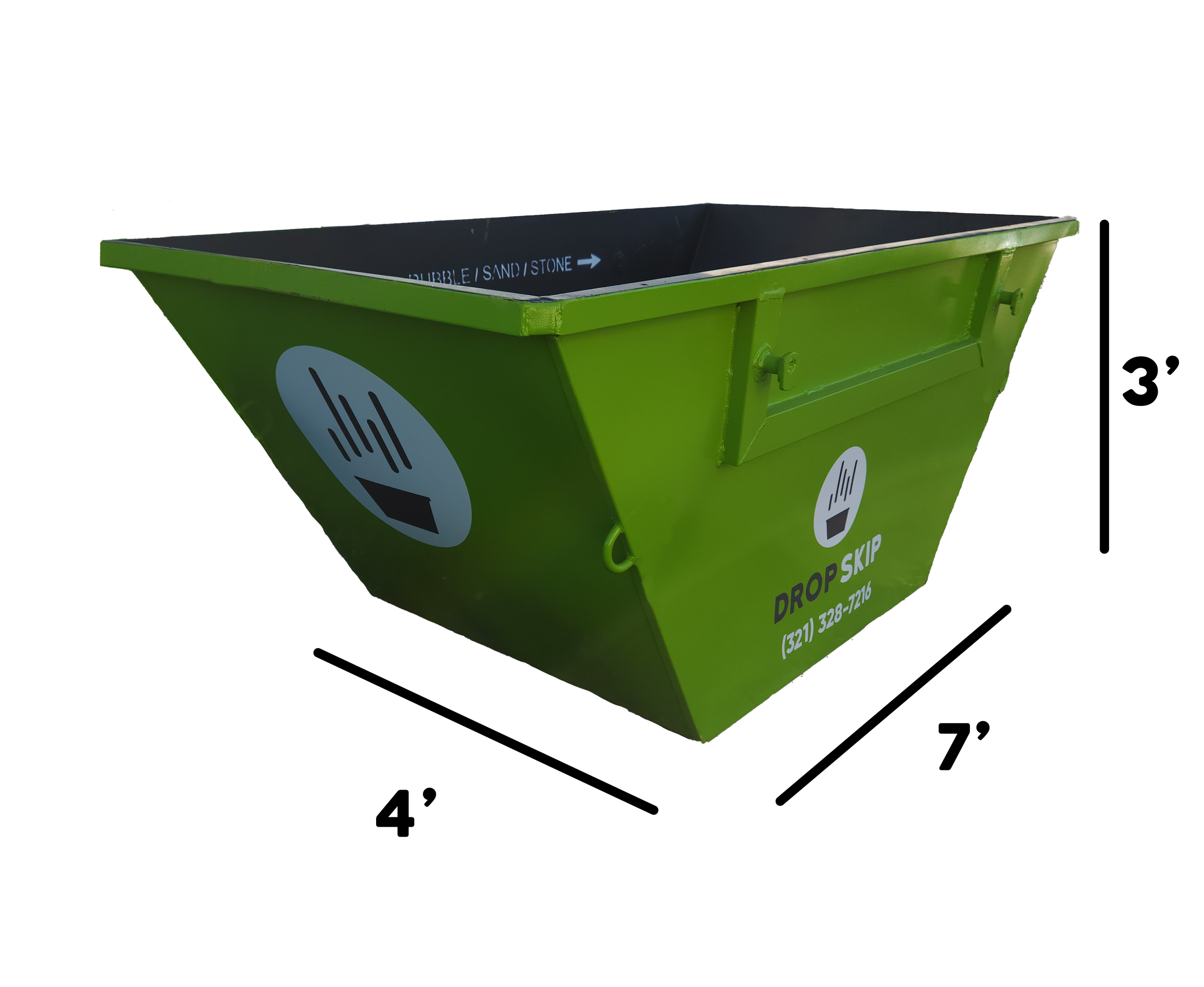Skip Mini 3-yard mini dumpster dimensions — 7 feet long by 4 feet wide by 3 feet tall