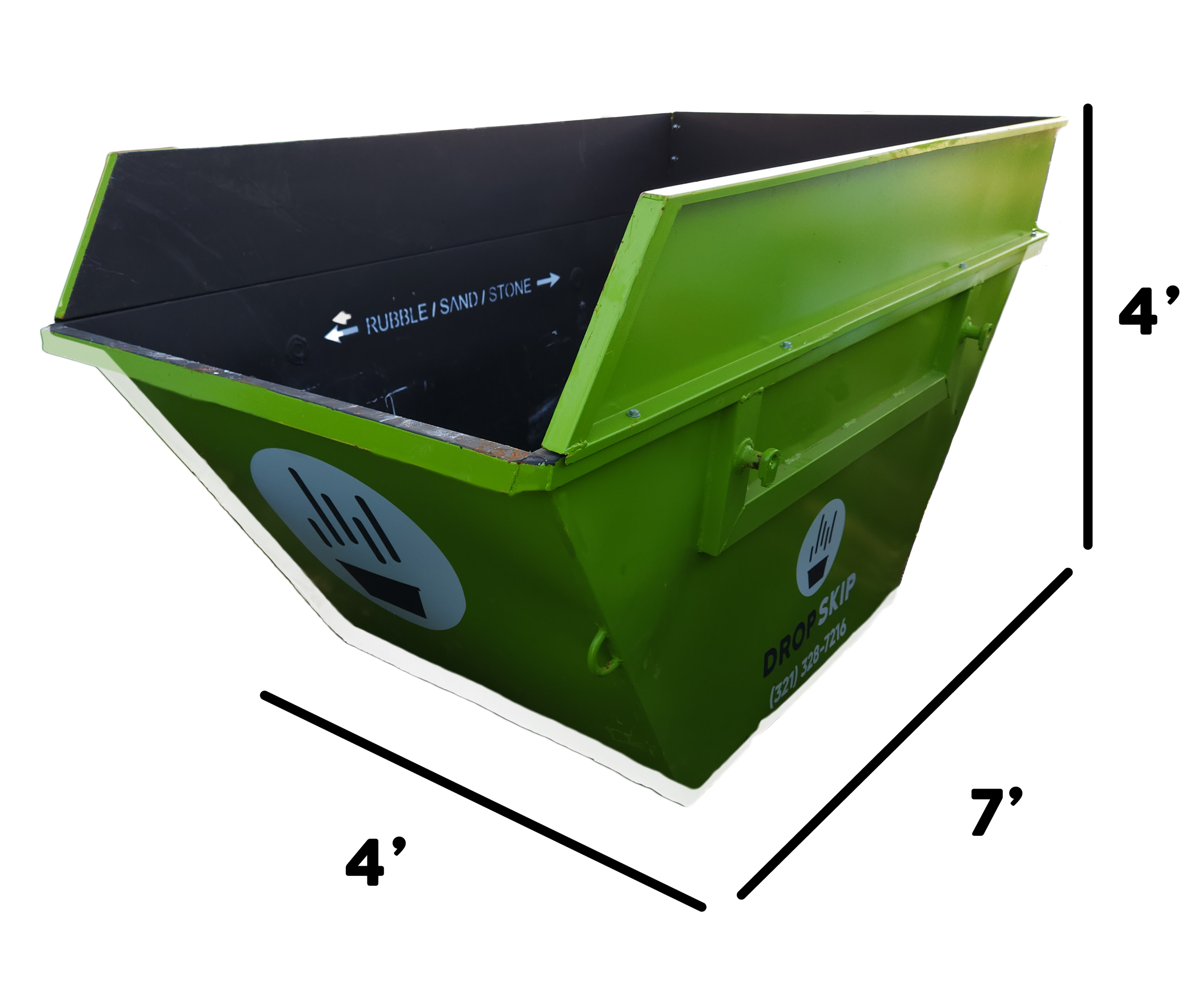 Skip Max 4-yard mini dumpster dimensions — 7 feet long by 4 feet wide by 4 feet tall