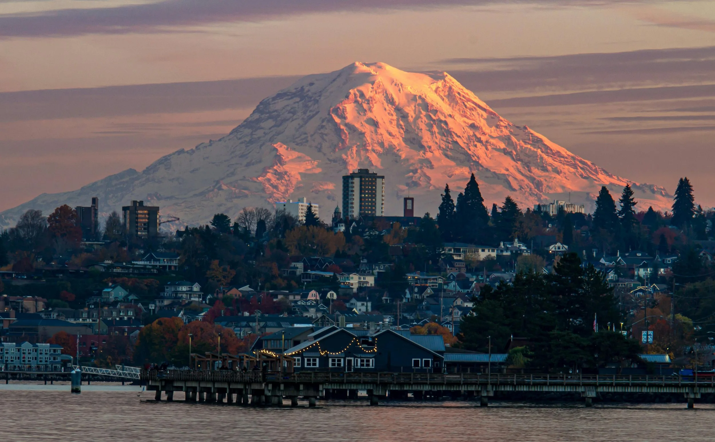 Tacoma WA waterfront and downtown skyline with Mount Rainier