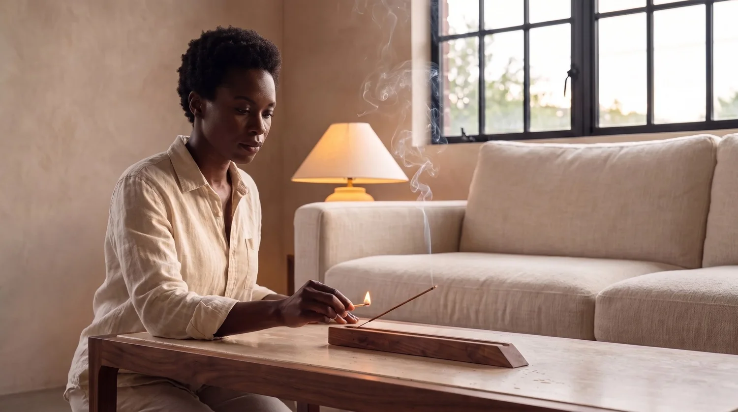 A woman lighting incense in the Dean + Oak walnut burner