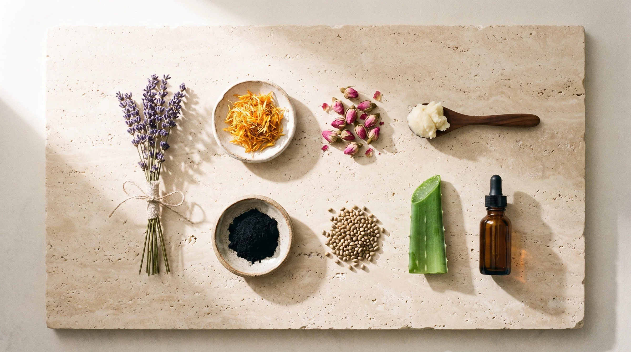 Lavender, calendula, rose buds, shea butter, charcoal, hemp seed, aloe and an essential oil laid out on travertine