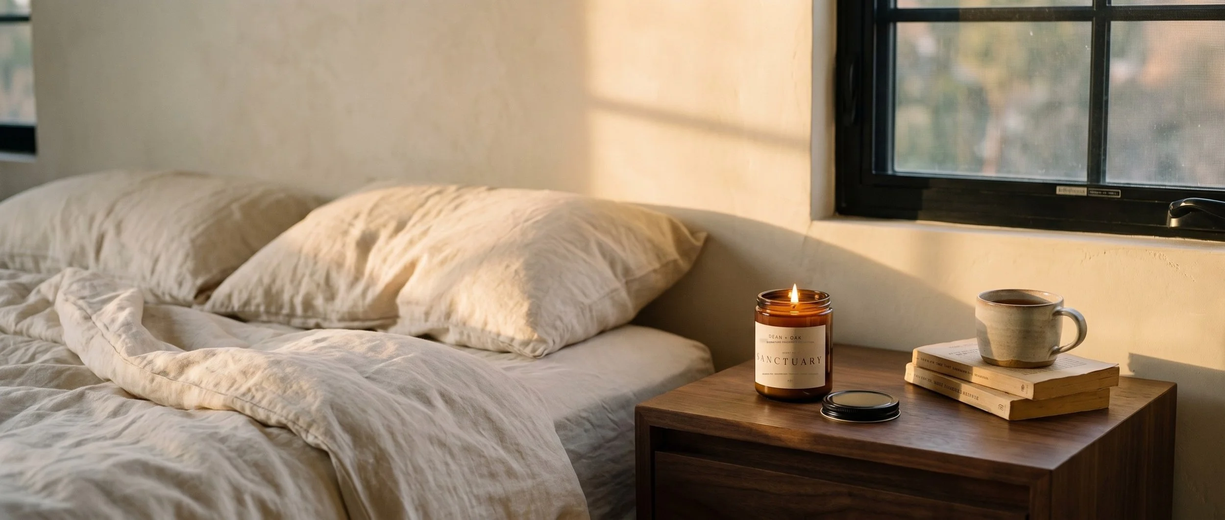 The Sanctuary candle burning in amber glass on a walnut nightstand beside an unmade linen bed