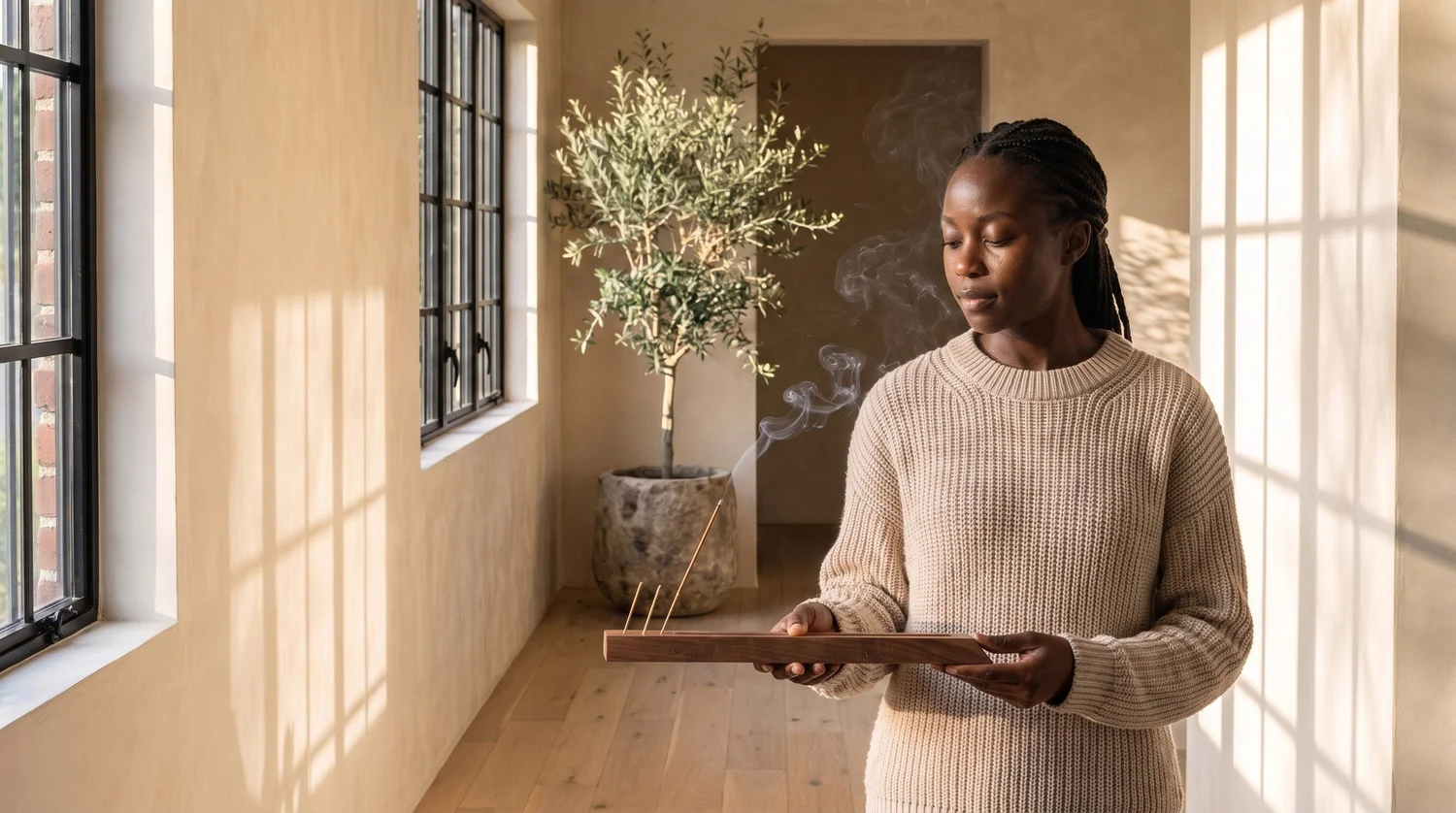 A woman carrying the walnut burner through a sunlit hallway