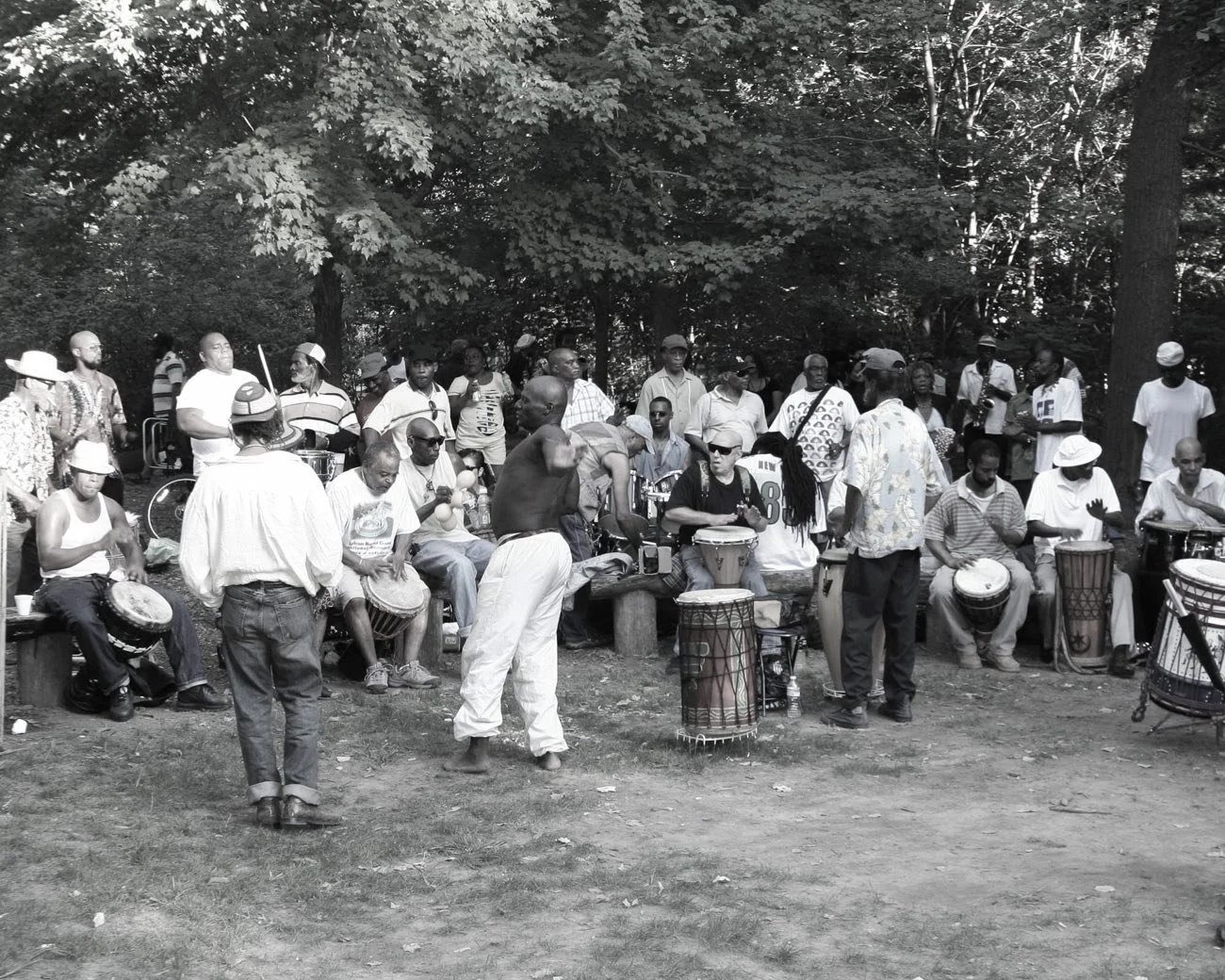 Large informal drum circle gathered beneath the trees in Prospect Park