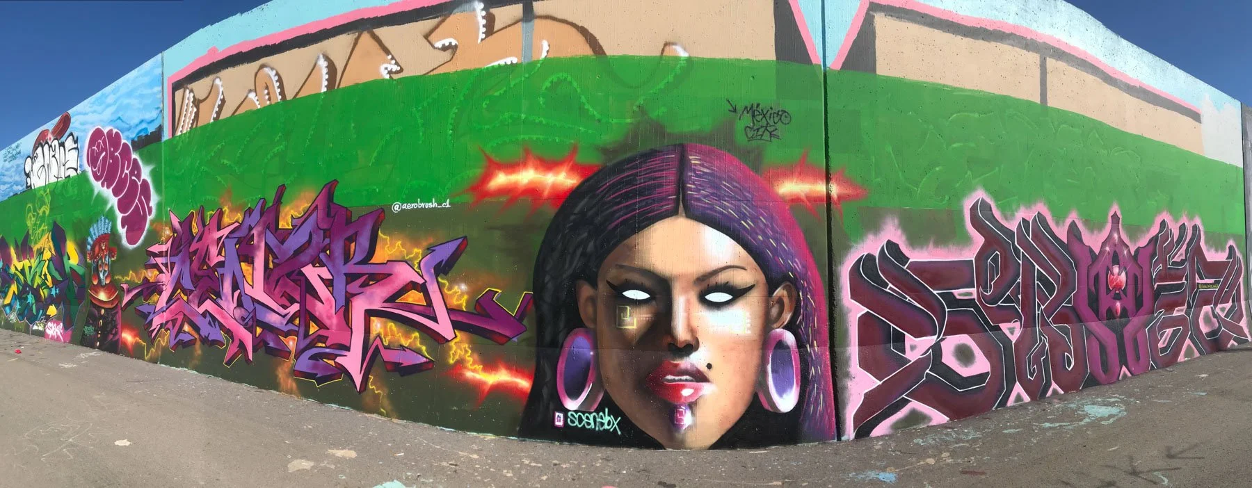 Portrait mural of a woman surrounded by purple graffiti lettering and green paint