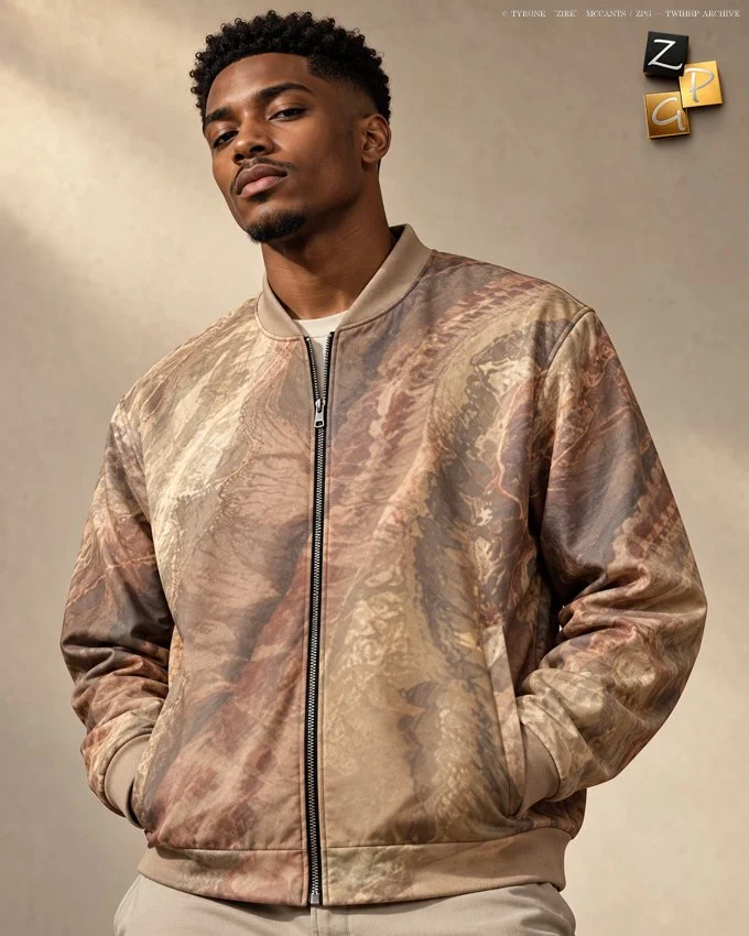 Land Trekker Golden Sands bomber jacket with an all-over sand, taupe, and bronze landscape pattern