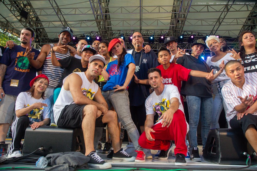 Group photograph of Rock Steady Crew dancers at the 37th Anniversary Concert at SummerStage in New York City