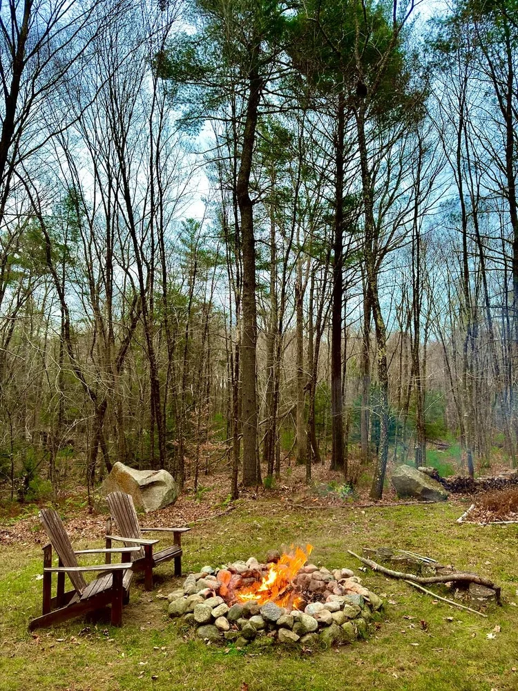A cozy firepit surrounded by Adirondack chairs in a woodland backyard, with tall trees in the background.