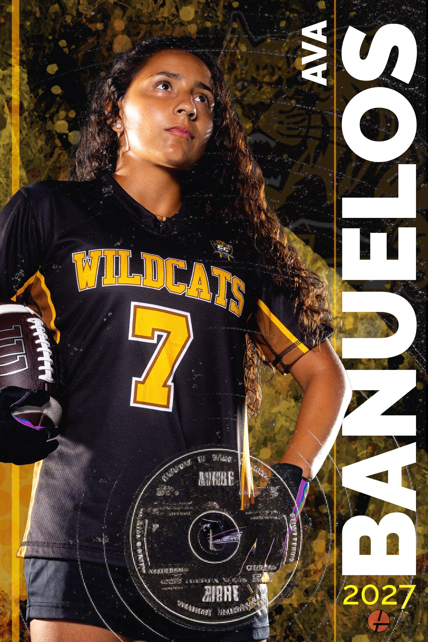 El Camino Wildcats senior athlete portrait, jersey number 7, black and gold uniform, Media Day photography by Gramercy Arts
