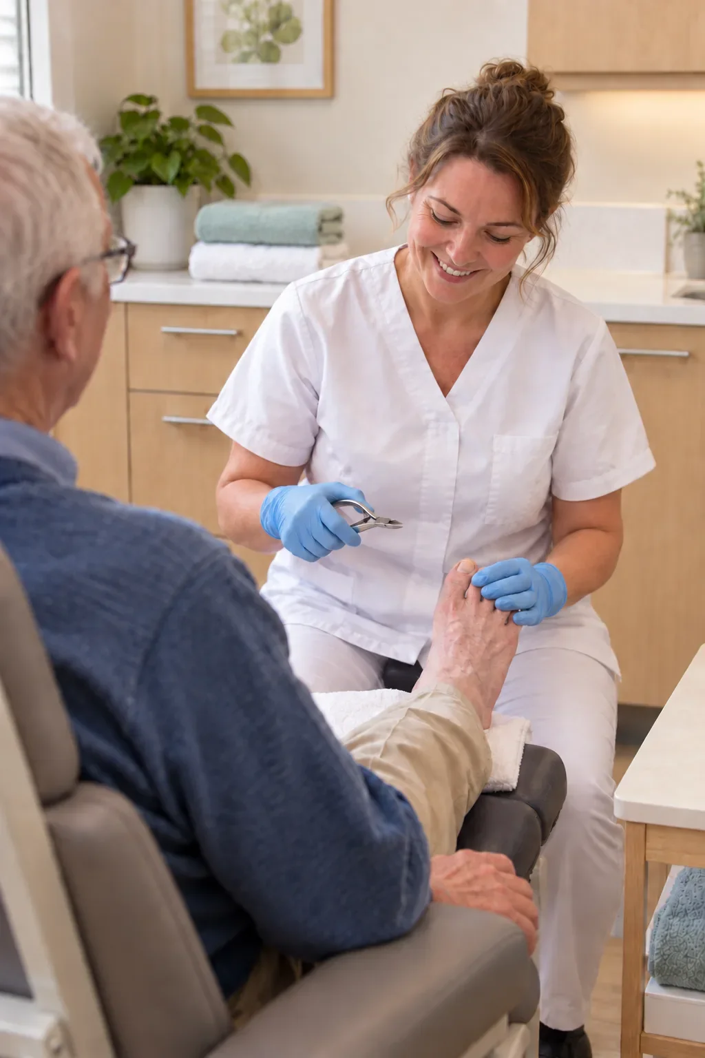Foot care nurse providing toenail care to a senior in a clinic