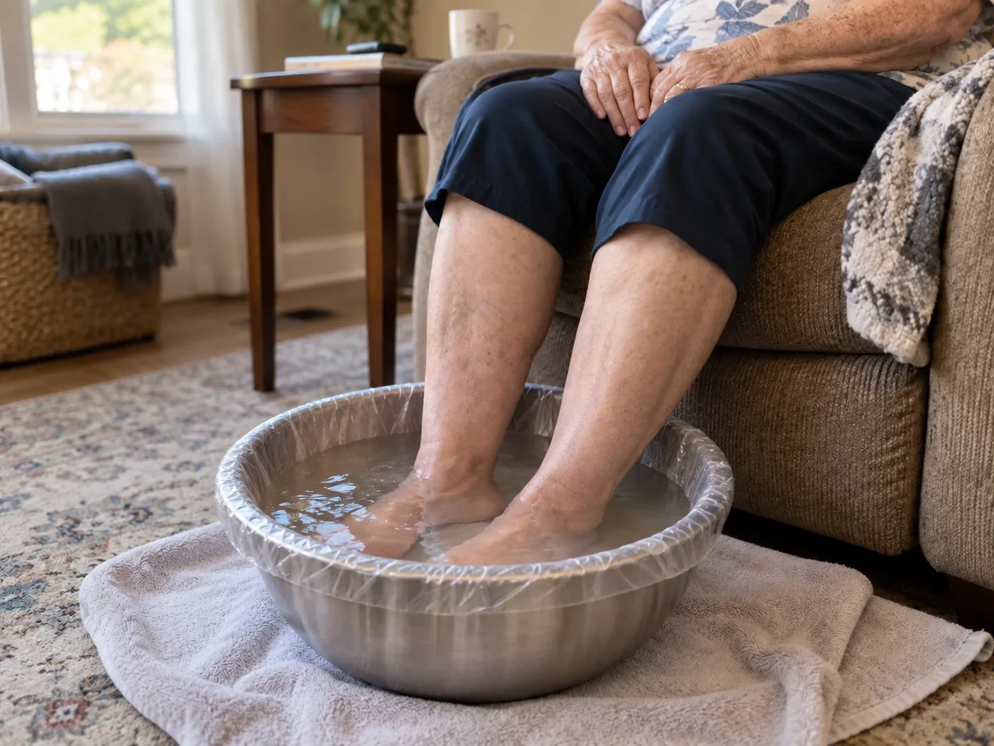 Senior enjoying a warm Epsom salt foot bath at home