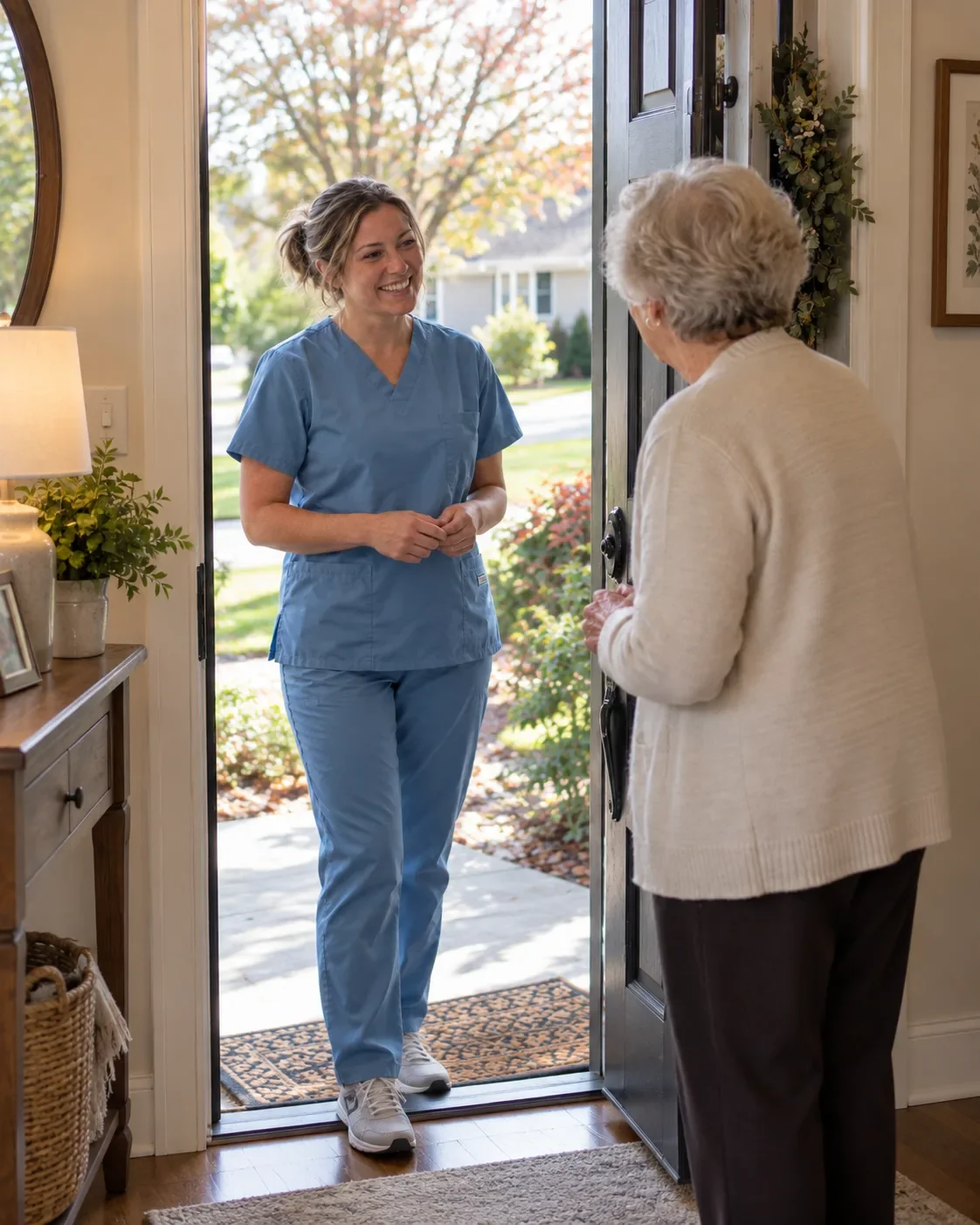 Foot care nurse arriving at a senior's home for an appointment