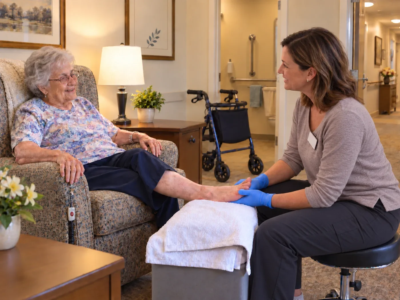 Foot care nurse visiting a resident in a senior living community