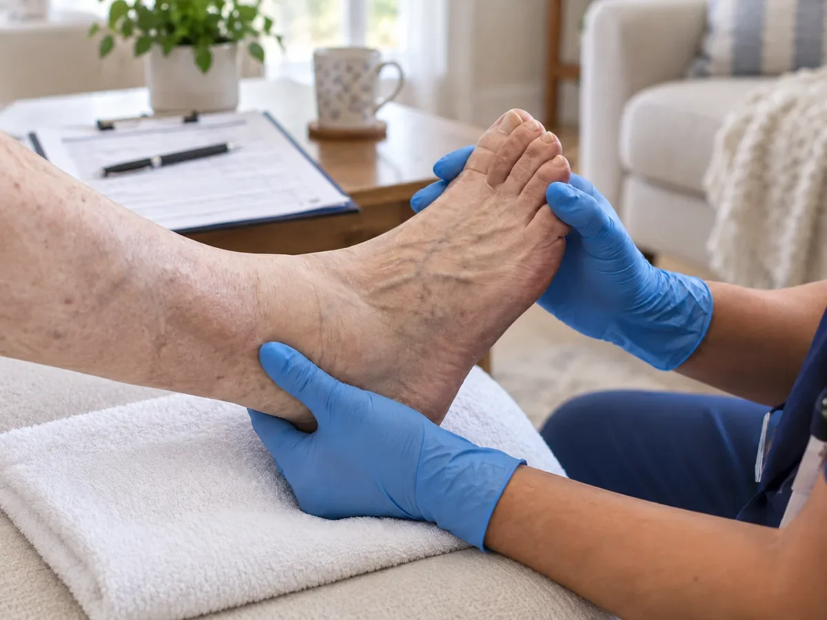 Nurse examining a senior's foot during a diabetic foot assessment