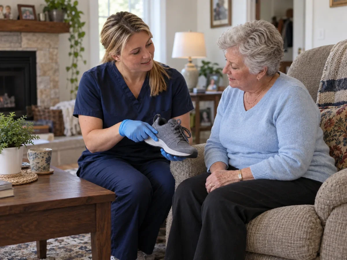 Nurse discussing supportive footwear with a senior