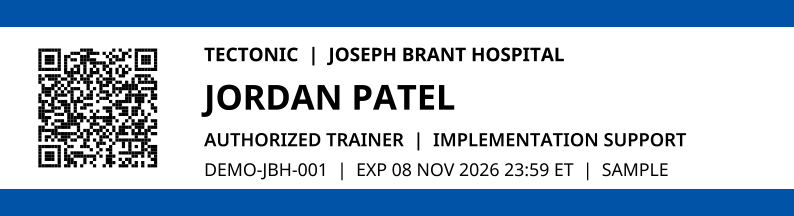 Original 4023 wristband print layout in blue: QR at left, Jordan Patel, Authorized Trainer, Tectonic and Joseph Brant Hospital sample program