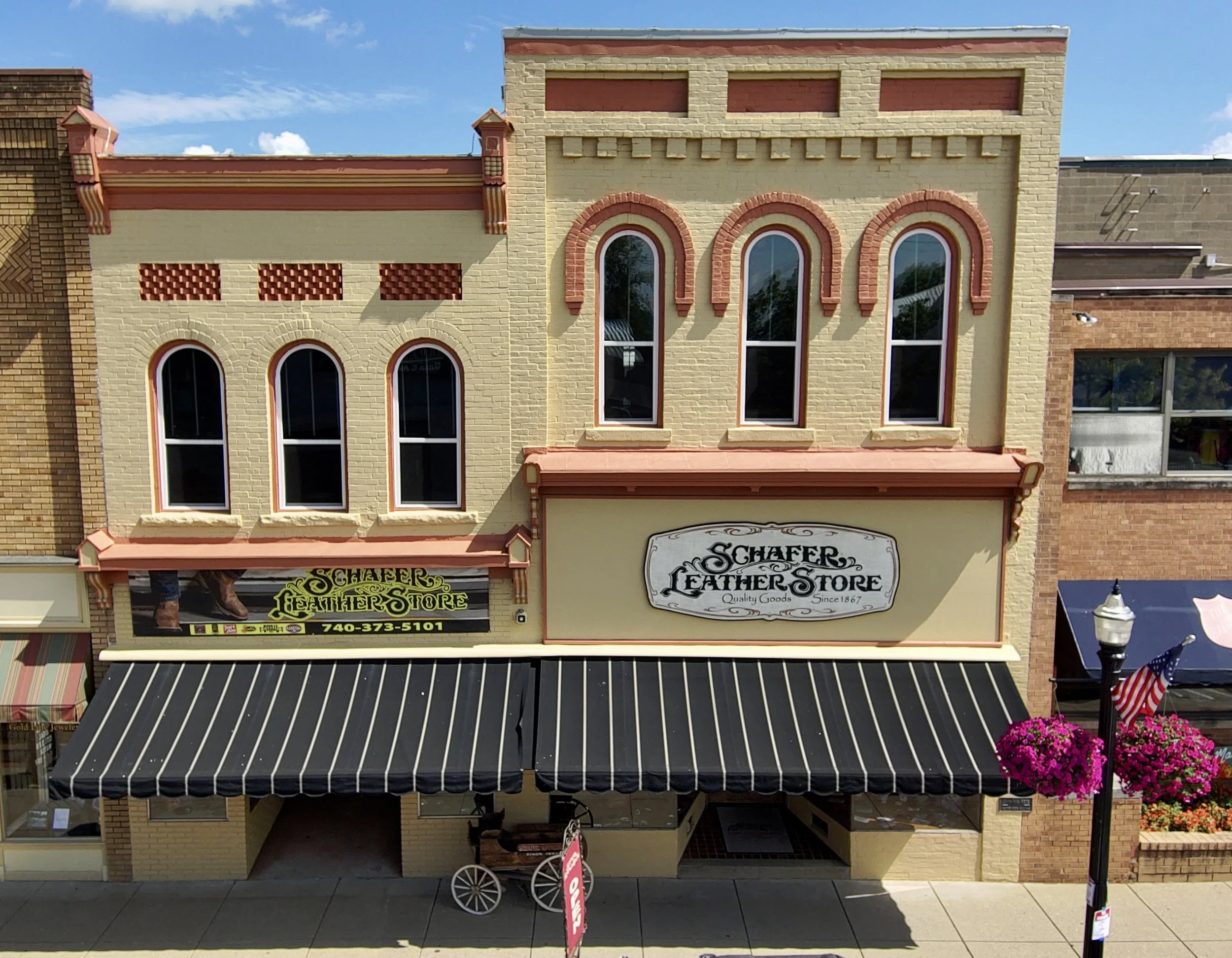 Schafer Leather storefront on Front Street in downtown Marietta, Ohio