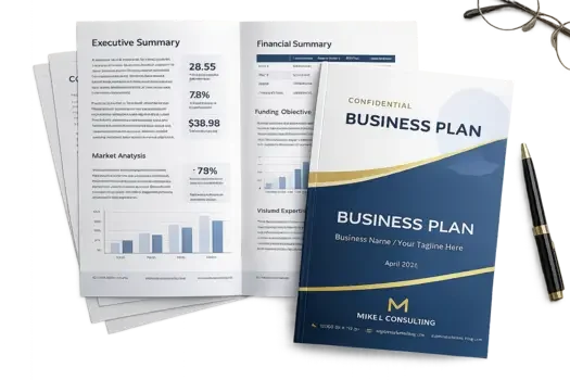 Professional Canadian business plan with financial summary, market analysis, and funding objective pages