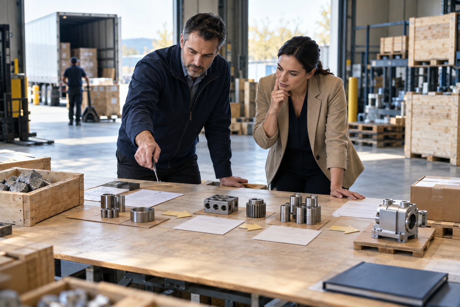 Operations manager and financial analyst map tariff exposure across imported parts and finished products in a warehouse