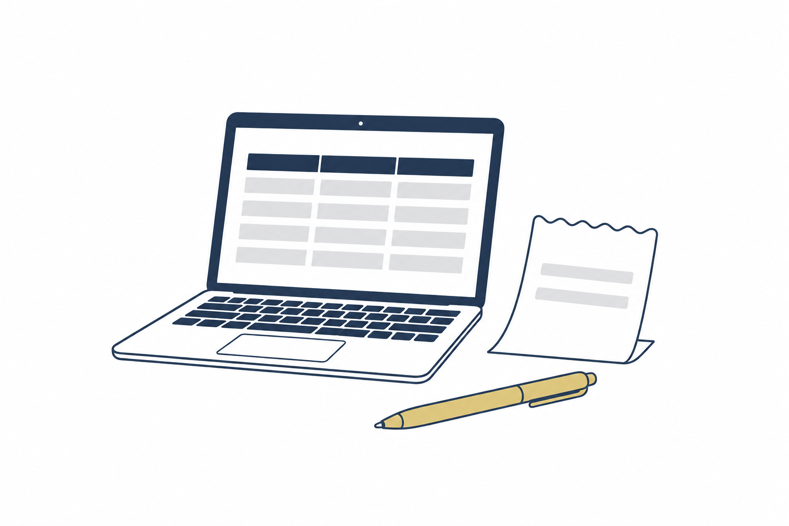 Illustration of a laptop spreadsheet, receipt and pen for cash-flow planning