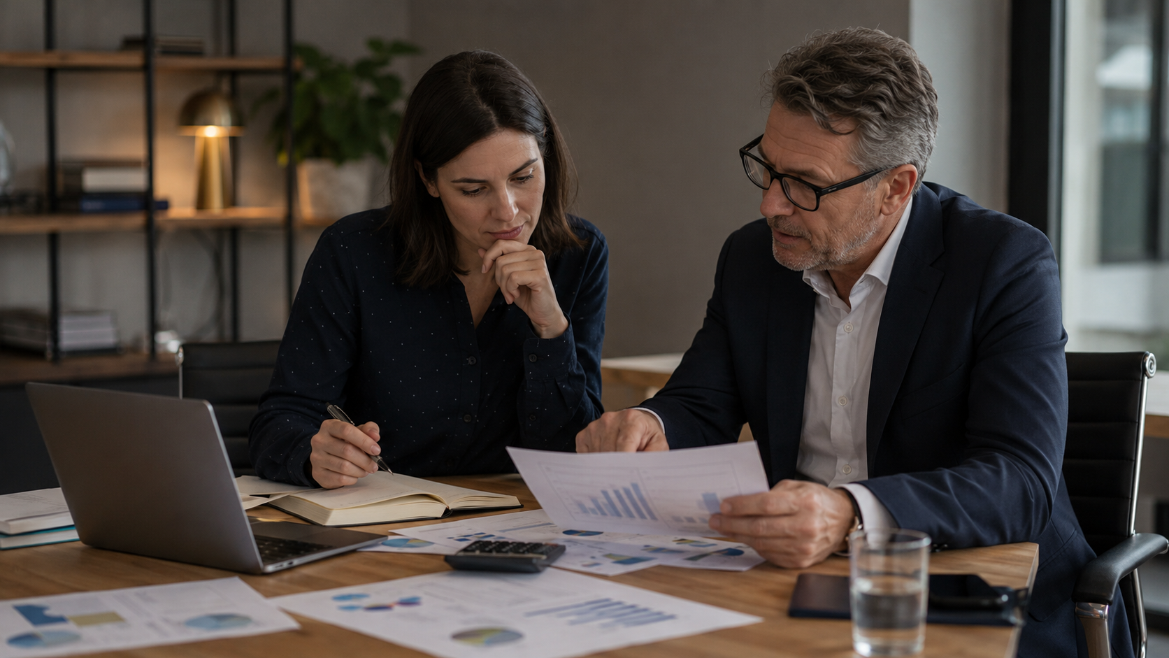 Founder and business adviser reviewing financial projections for a UK Innovator Founder business plan