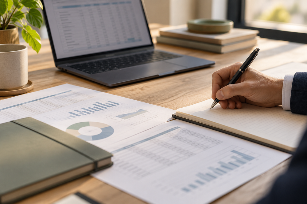 Financial planning workspace with a laptop, reports and notebook
