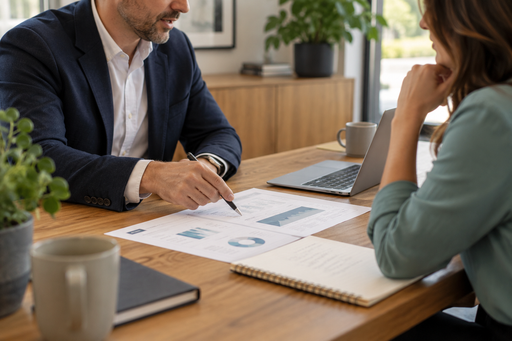 Financial planning conversation over reports at a meeting table