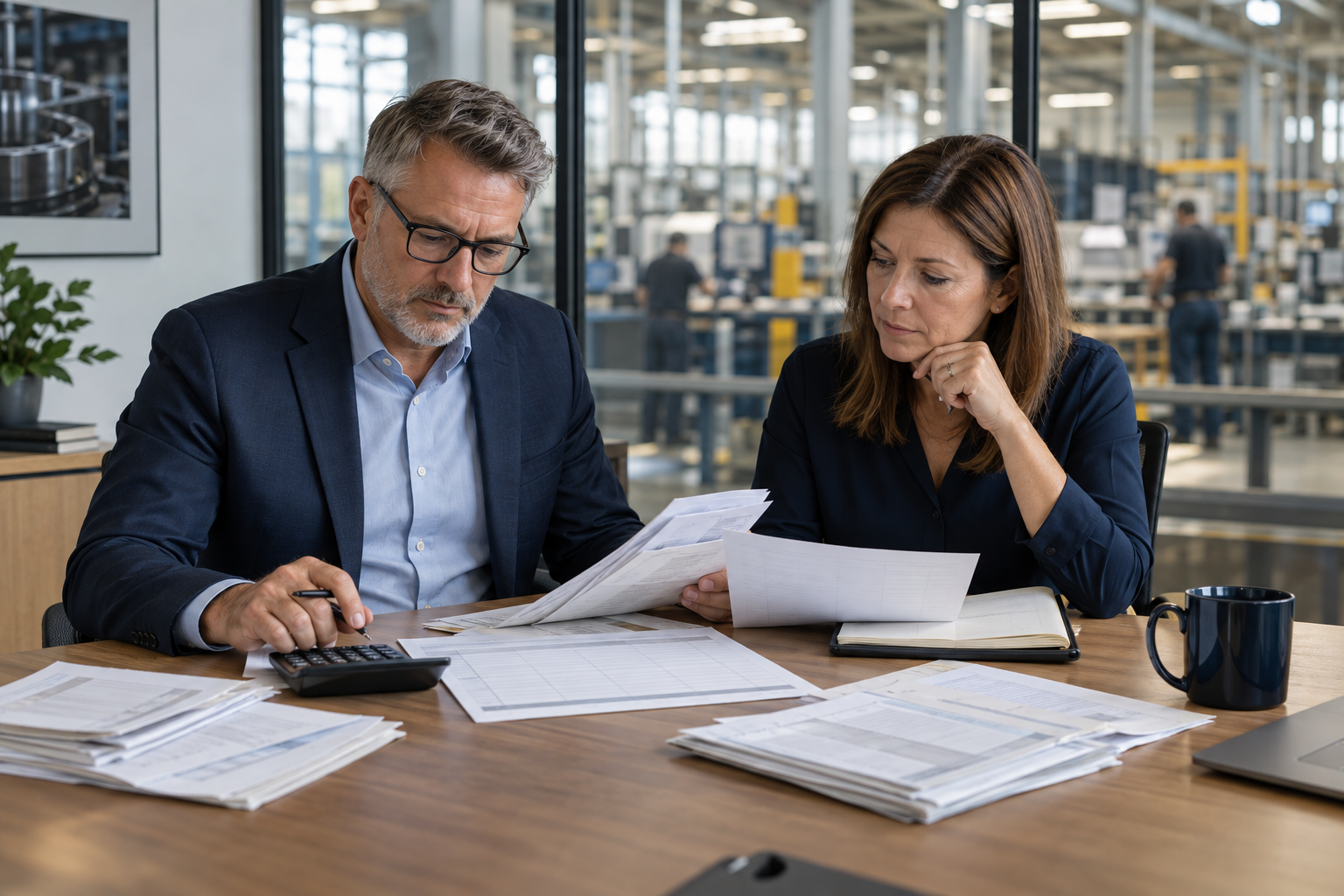 Business owner and controller review cash-flow forecasts and supplier invoices overlooking a Canadian production floor