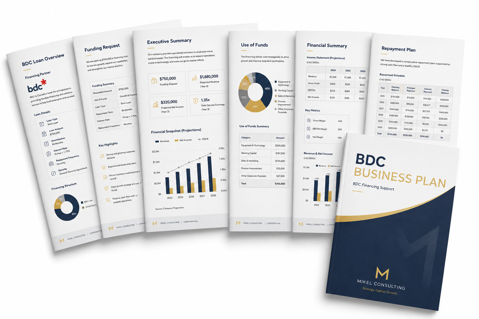 Sample BDC loan business plan layout with cover page, company overview, market analysis, financial forecast, use of funds, and repayment projections