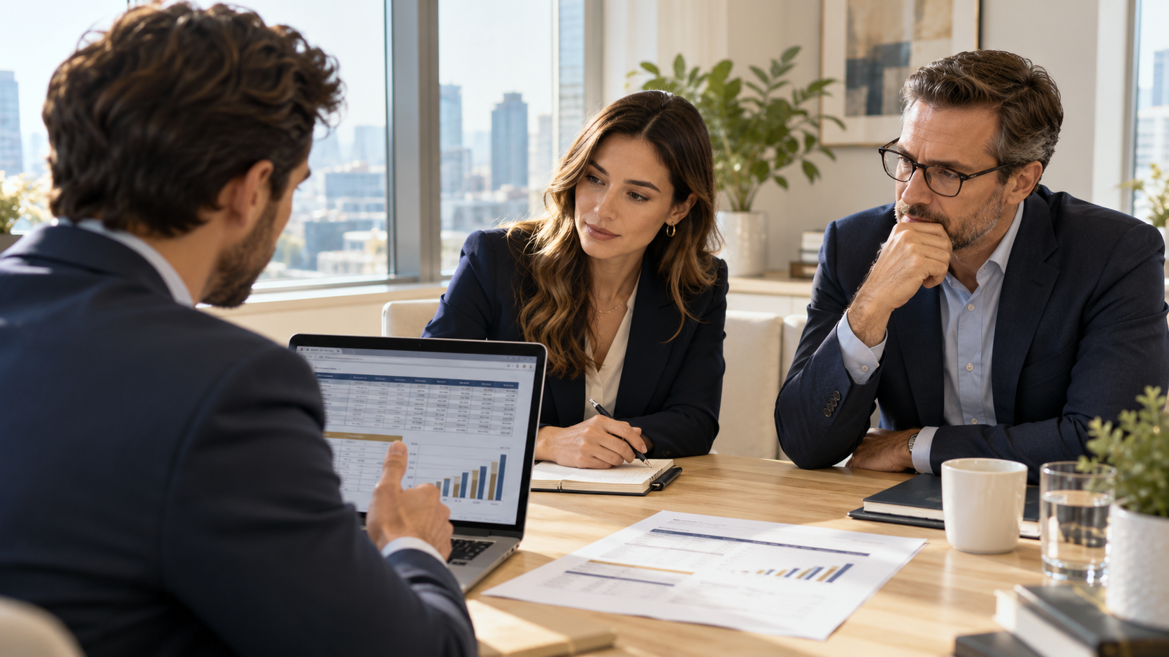 Founder explaining a financial model to investors during a business planning meeting