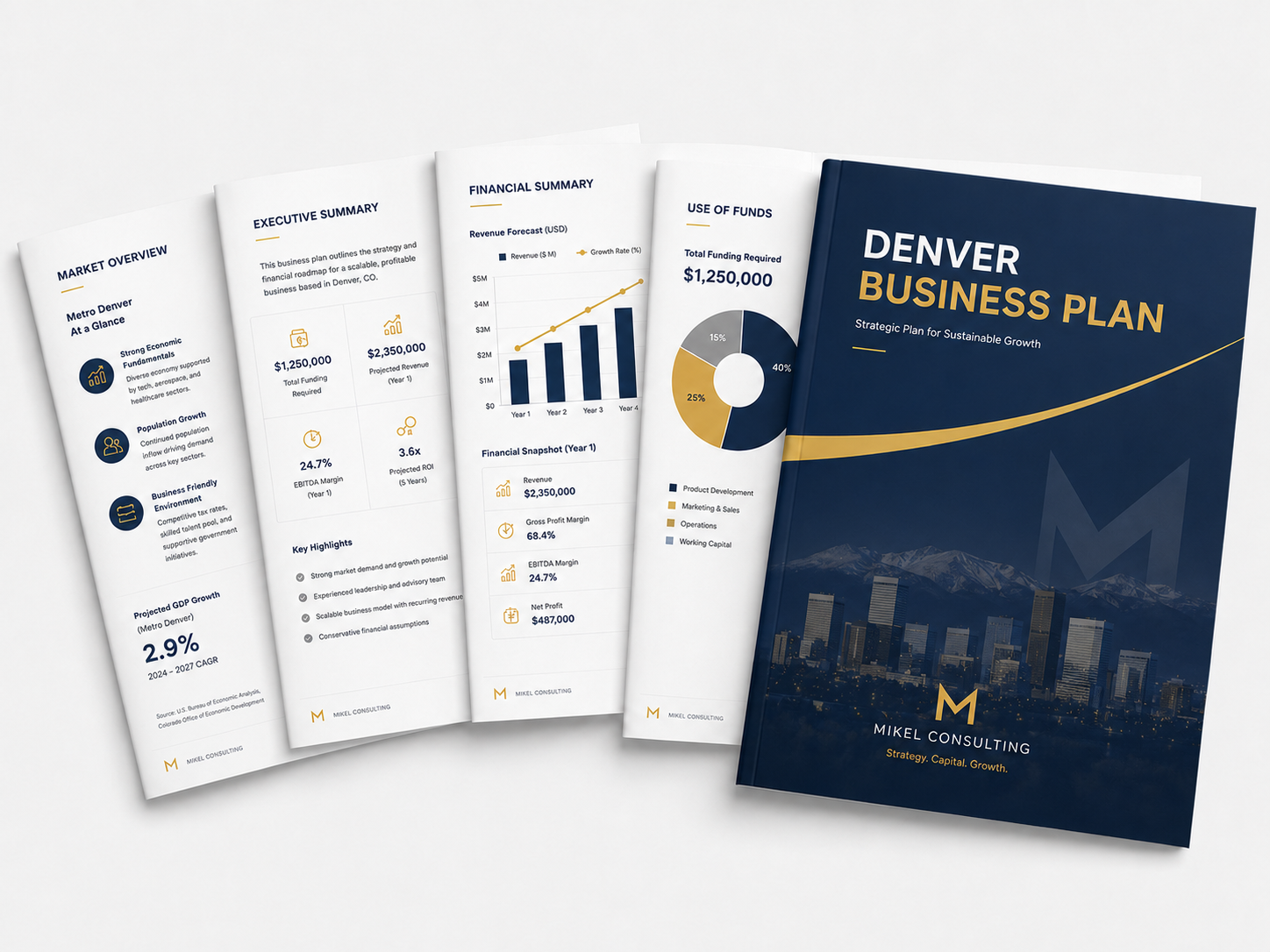 Denver business plan mockup prepared by Mikel Consulting with market overview, executive summary, financial summary, use of funds, and branded cover