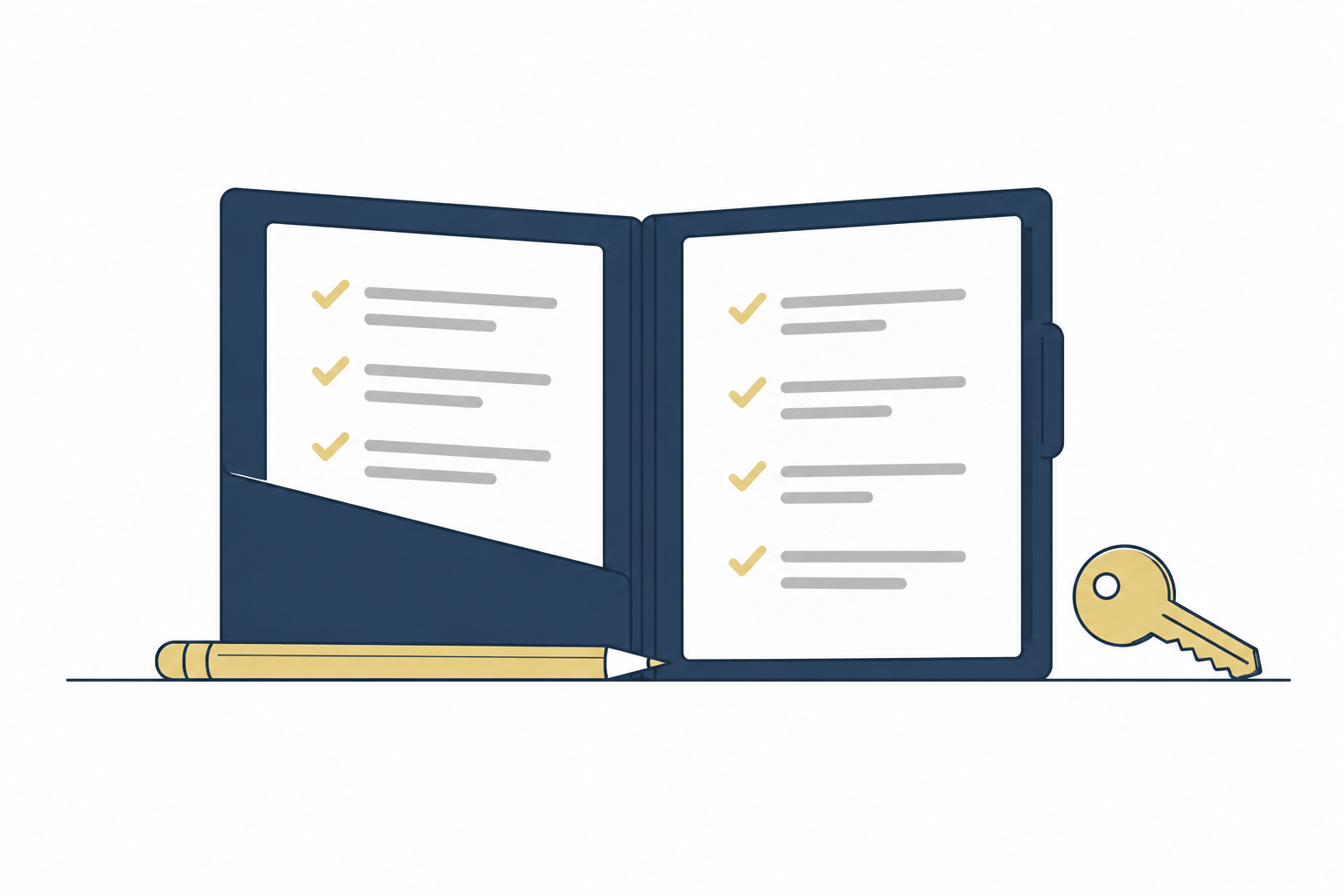 Illustration of a business plan folder, pencil and shop key