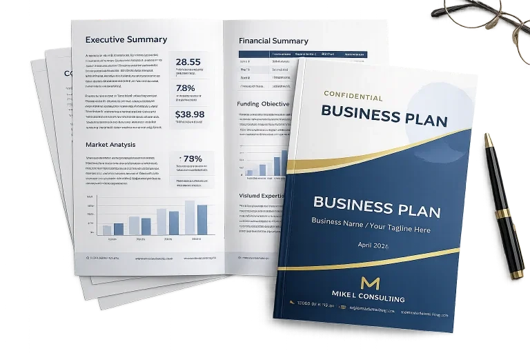 Professional Canadian business plan with financial summary, market analysis, and funding objective pages