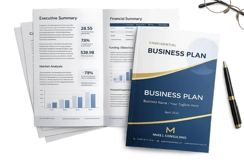 Professional Canadian business plan with financial summary, market analysis, and funding objective pages