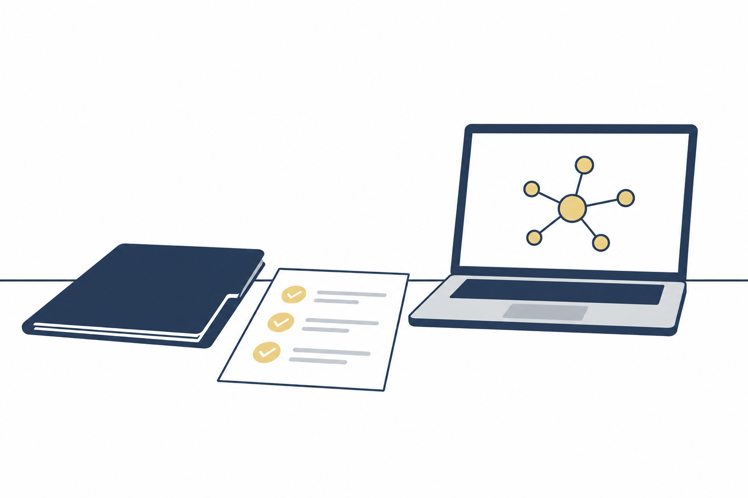 Illustration of a laptop, project checklist and folder for AI adoption planning