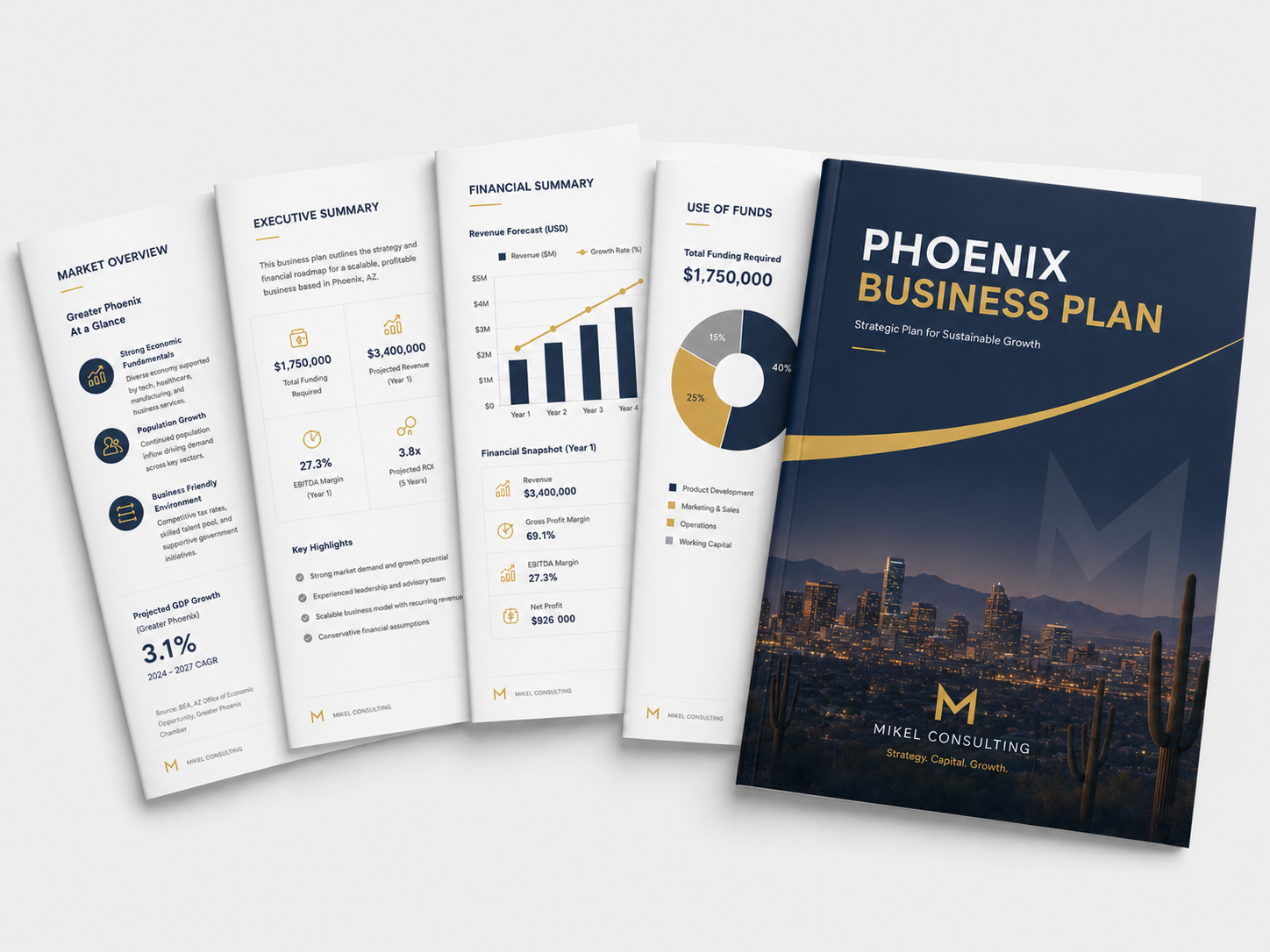 Phoenix business plan mockup prepared by Mikel Consulting with market overview, executive summary, financial summary, use of funds, and branded cover