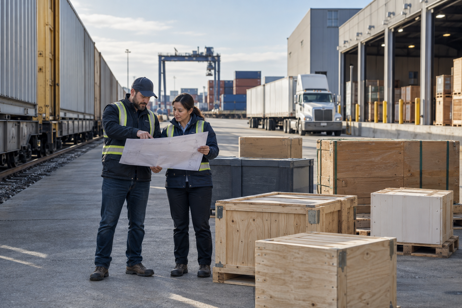 Logistics professionals compare supply routes beside unbranded freight, trucks and warehouse facilities