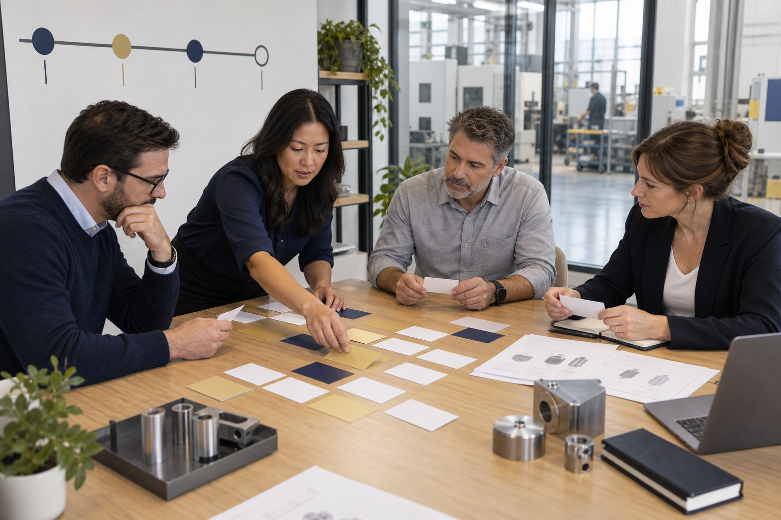 Canadian SME leadership team organizes tariff-mitigation priorities and milestones beside a modern production floor