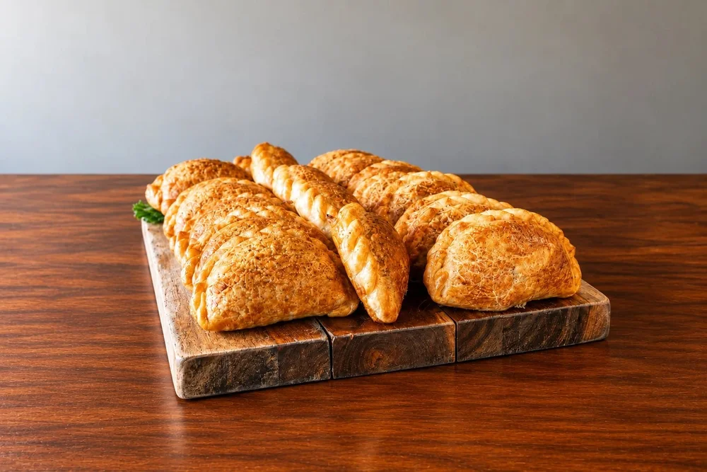 Golden steak empanadas on a wooden board