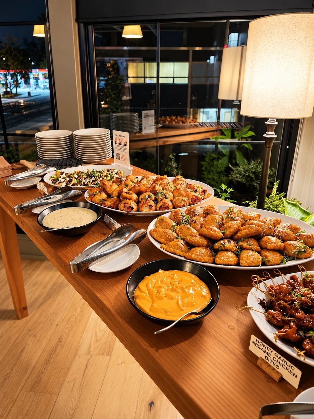 Godfrey's catering spread with pastries, empanadas, honey garlic sesame chicken bites and dips
